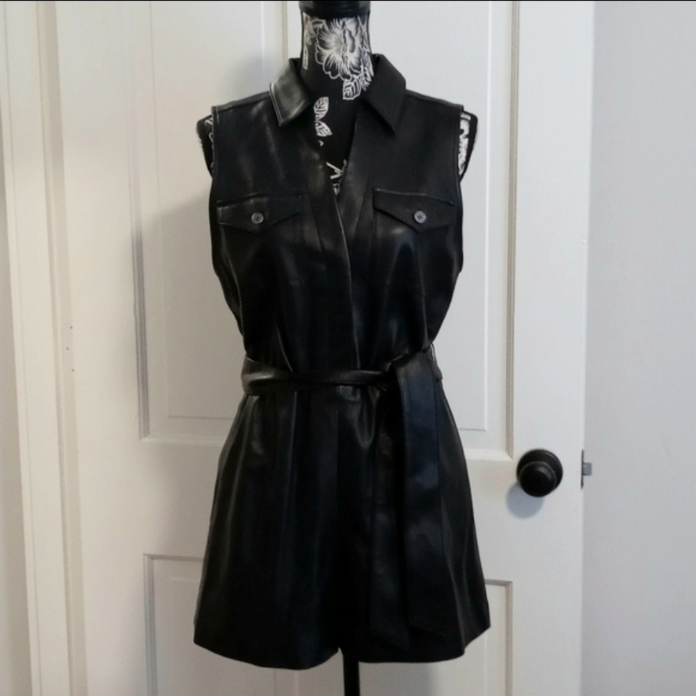 🆕️ 🖤Alice + Olivia🖤 - Black Lamb Leather Sleeveless Romper - Picture 2 of 16